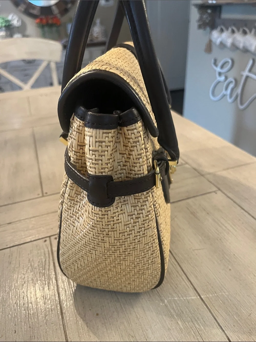 Brooks Brothers Beige Woven Satchel with Dark Brown Trim